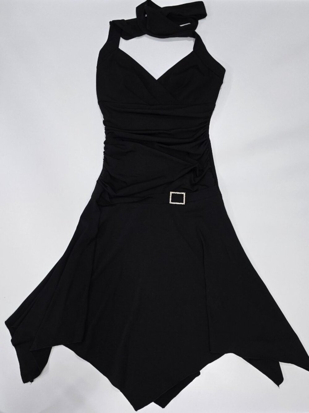 City Triangles ✦ Black Halter Handkerchief Dress ✦ Ruched Bodice Rhinestone M - Picture 5 of 14